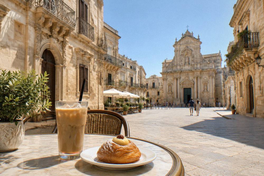 A café table in Lecce with an iced coffee with almond milk and a custard pastry on a plate.