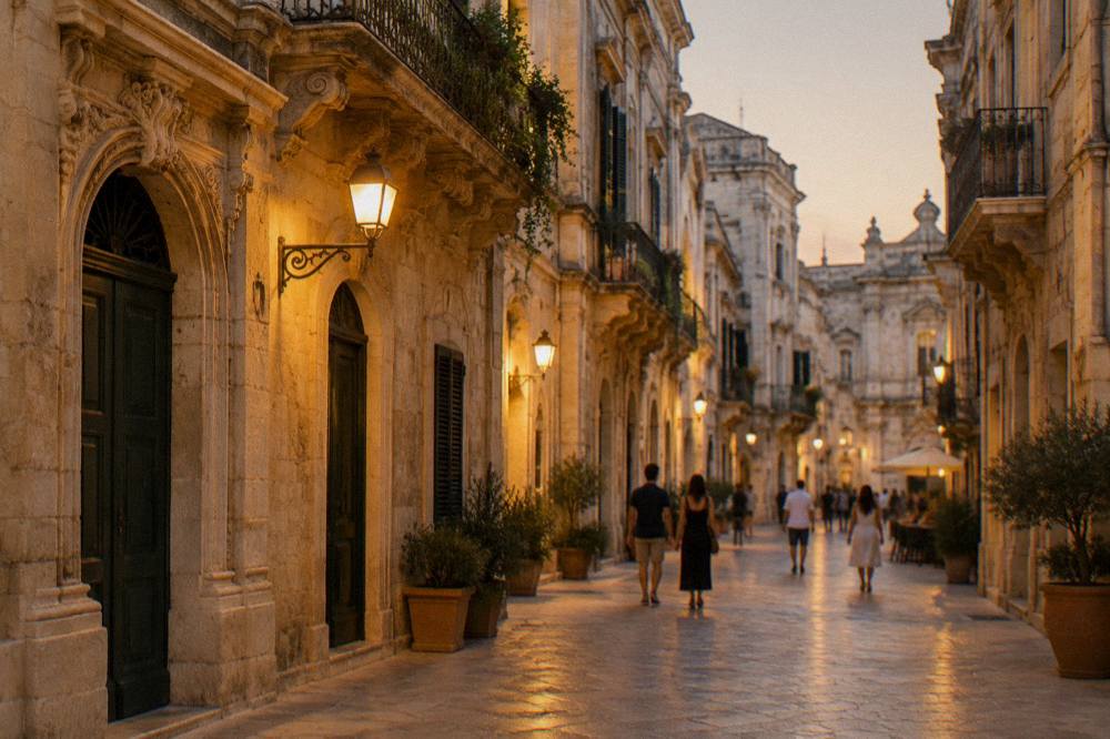 An evening street in Lecce lit by warm lanterns, with people strolling past baroque buildings.