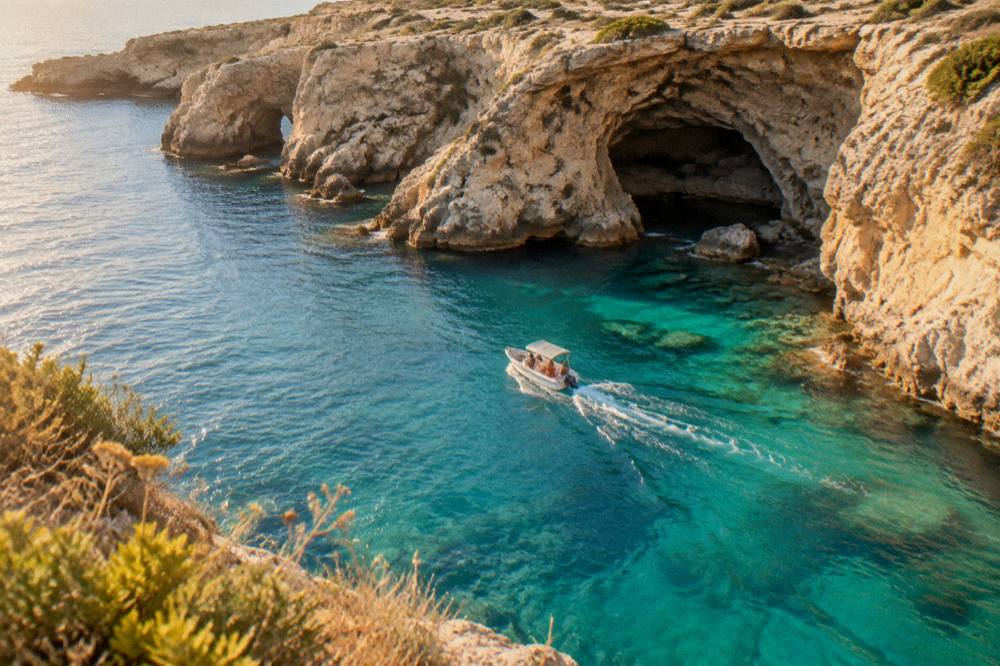 A small boat cruising along a rocky Salento coastline toward sea caves, with clear turquoise water below.